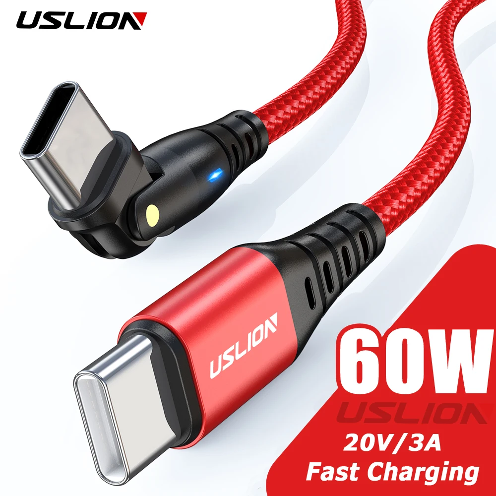 USLION 60W PD USB C Cable 3A Fast Charging USB-C to Type C Data Cord For iPad iPhone 15 Xiaomi 13 Pro 180 Rotate Elbow Game Wire