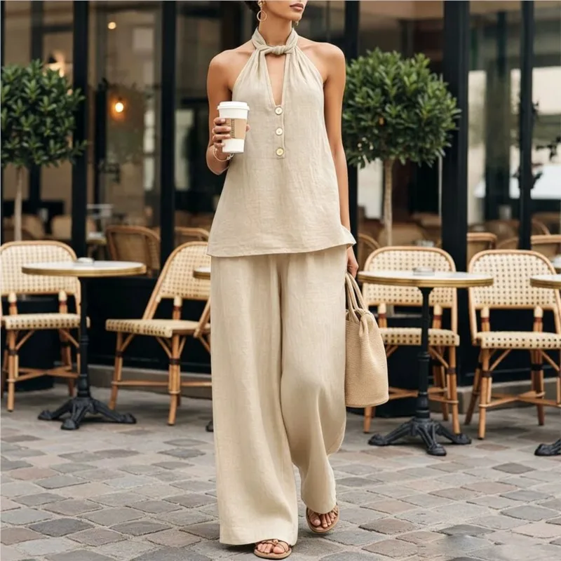 Woman's Pant Suit Summer Sexy Hanging Neck Deep V-neck Loose Top+Wide Leg Pants Set Lady Vacation Style High Waist Solid Outfit