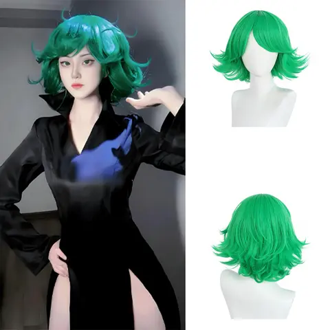 Anime One Punch Man‌‌ Tatsumaki Cosplay Synthetic Hair 12-Inch Green Upturned Curly Hair Halloween Daily Wig Heat Resistant