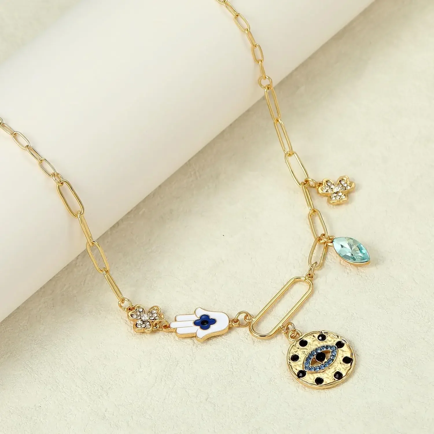 خمر الذهب أربع أوراق البرسيم شرابة قلادة الأبيض النخيل جولة الشيطان العين قلادة القلائد للنساء هدية عيد ميلاد المجوهرات