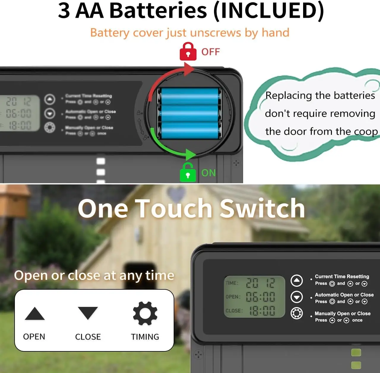 Automatic Chicken Coop Door Auto Duck Door Battery Powered Electric Chicken Coop Door with Timer & Manual Control LED Screen