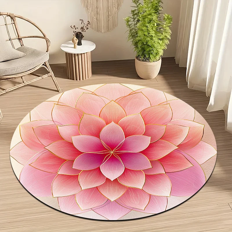 Pink gradient lotus flower Flannel-printed round floor mats are slip-resistant Suitable for room bedroom terrace garden carpets