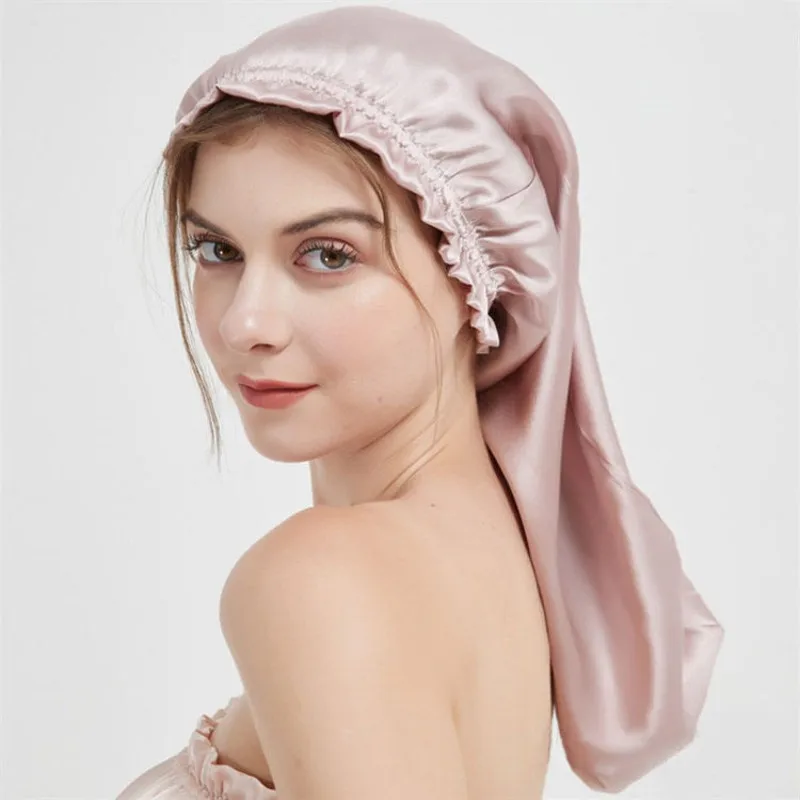 100% Mulberry Silk Sleep Cap for Long Hair Bonnet with Soft Elastic Band for Woman Hair Care