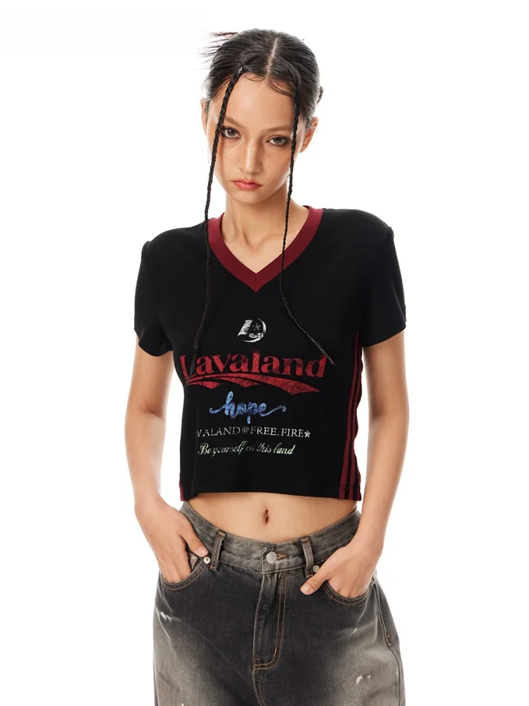 

Женская футболка LAND в стиле ретро, американский кэжуал, в полоску, приталенная, с коротким рукавом, с принтом, контрастных цветов, летний топ для молодых женщин