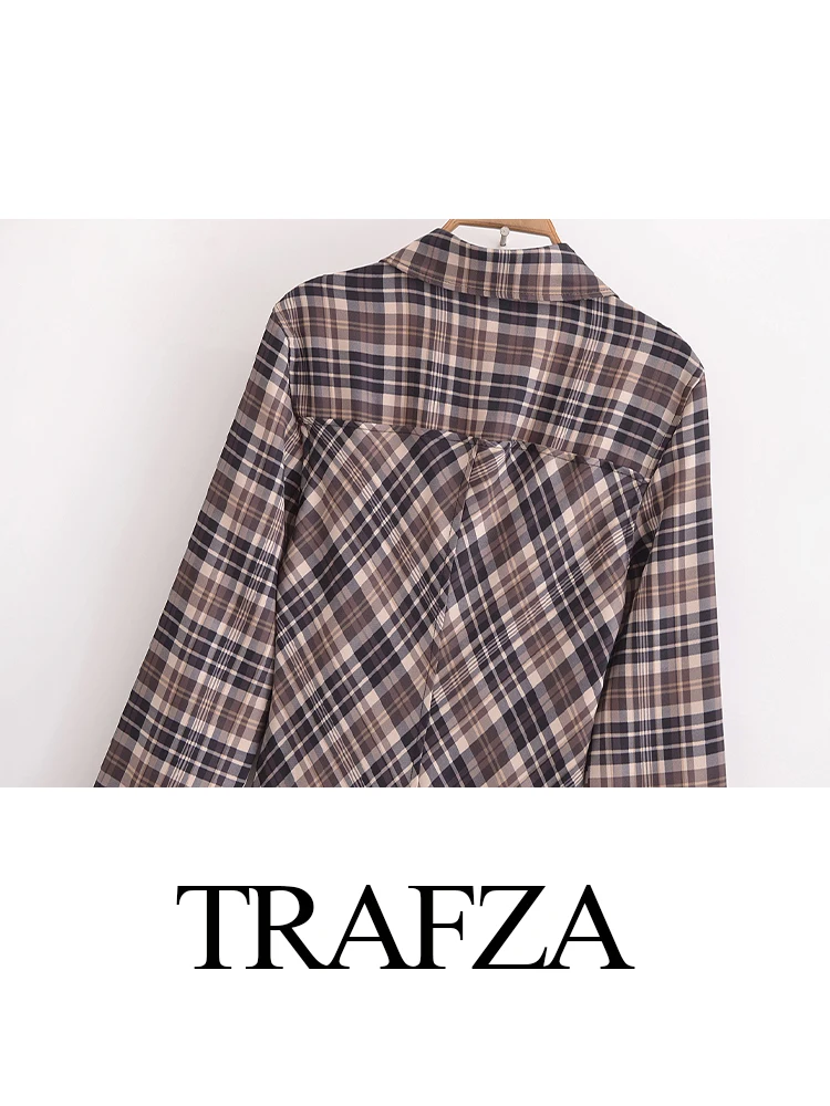 TRAFZA Abito da donna a maniche lunghe monopetto scozzese decorato con tasca vintage alla moda Abito femminile elegante e sottile alla caviglia