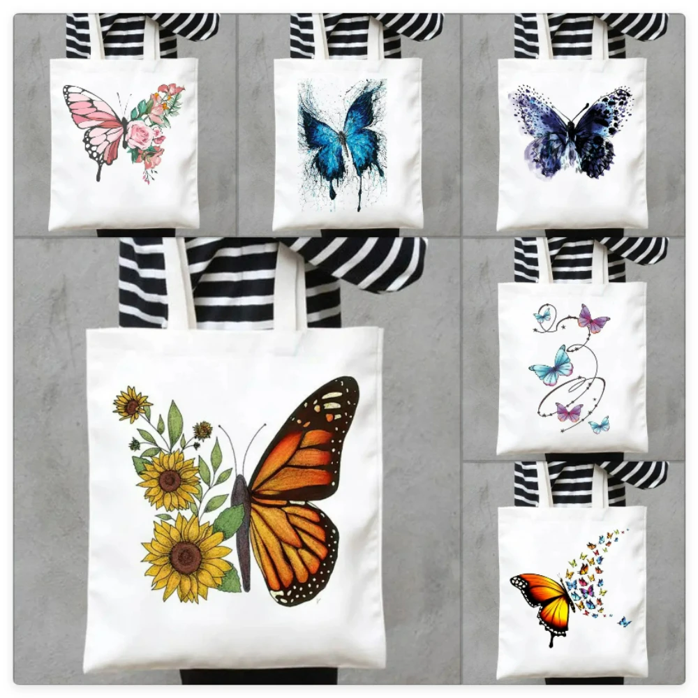 

Floral Butterfly Print Canvas Tote Bag Large Capacity Reusable HandBag for Daily Shopping, Commute, Travel, Picnics, Parties.