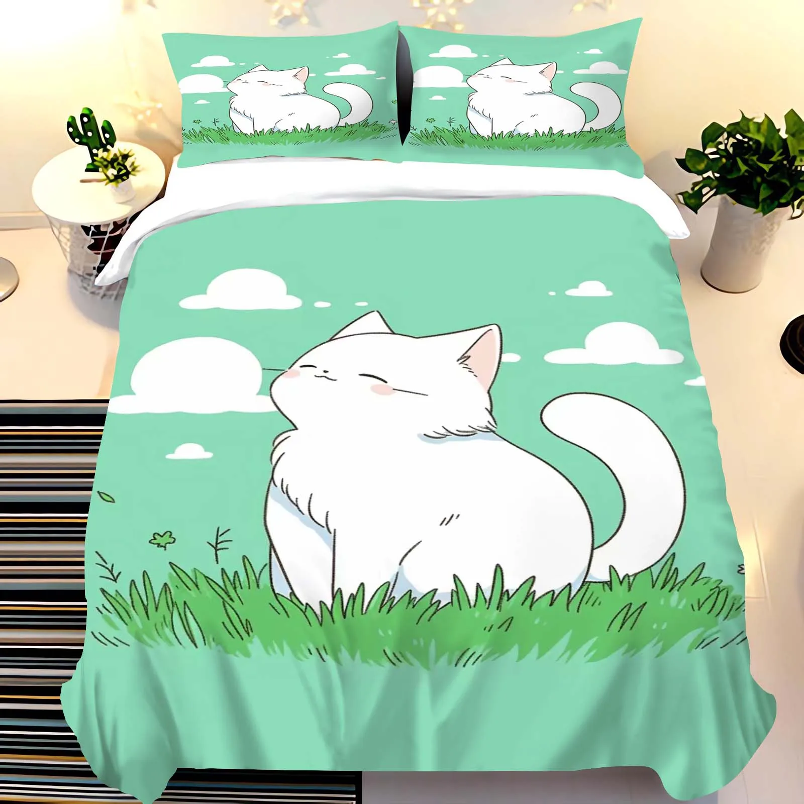 Cute Cat Print Bedding Set with Zipper Closure - 100% Polyester, All-Season Comfort, Adorable Animal Cartoon Pattern Bed Linen