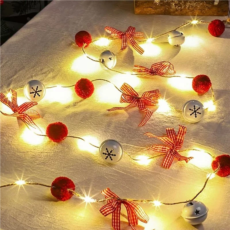 Red Pom Pom Christmas Lights White Bell Bow String Lights Warm White LED Battery Operated Home Party Holiday Xmas Tree Decoratio