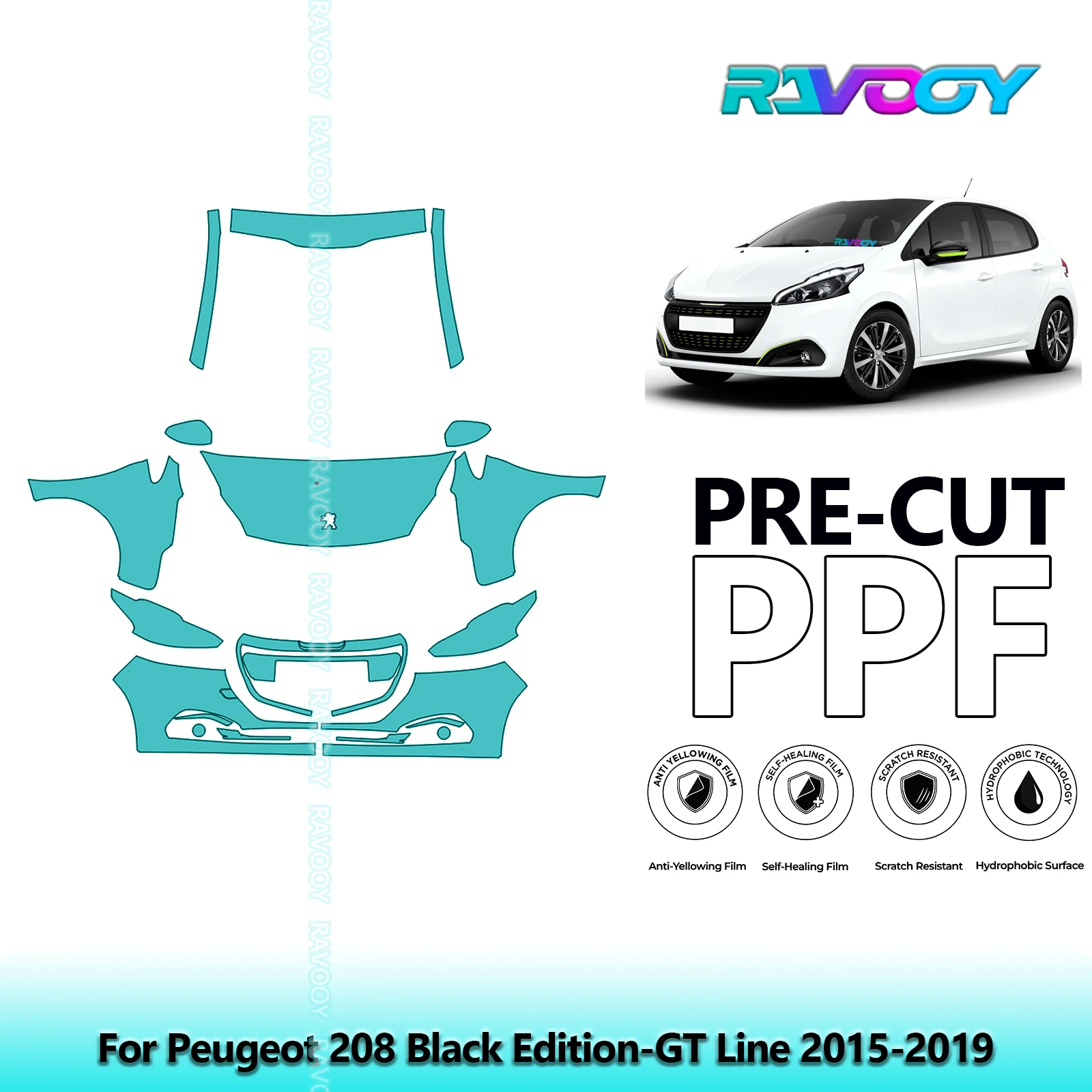 For Peugeot 208 Black Edition-GT Line 2015-2019 Partial Front Pre-Cut Paint Protection Film PPF Stone Chip Kit Clear/Matte/Black