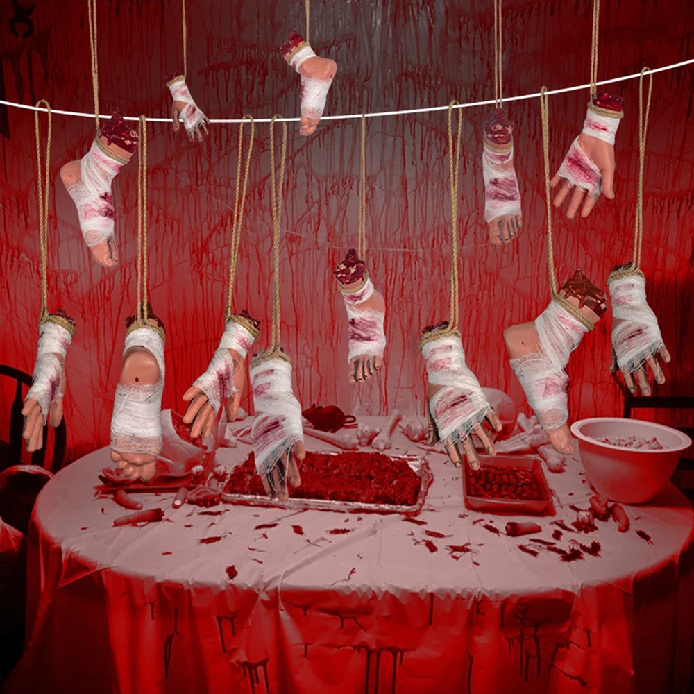 

Halloween Severed Hand Foot Prop Set Realistic Bloody Bandage with Rope Hanging Horror Prank Decoration for Haunted House Party