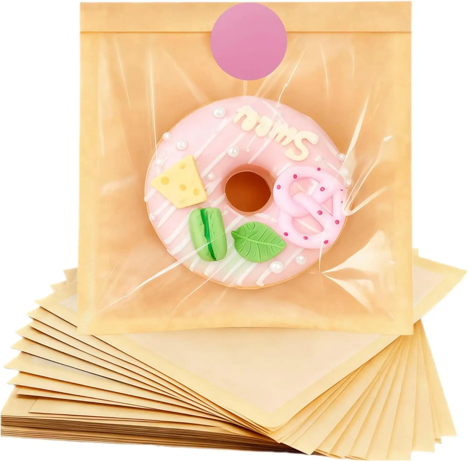 ถุงคุกกี้ขนาด 7.1x7.5 นิ้ว พร้อมหน้าต่างและสติกเกอร์ 100 แพ็ค ถุงกระดาษสีน้ำตาลสำหรับเบเกอรี่ ทนน้ำมัน ปิดผนึกได้ สำหรับใส่ขนมปัง