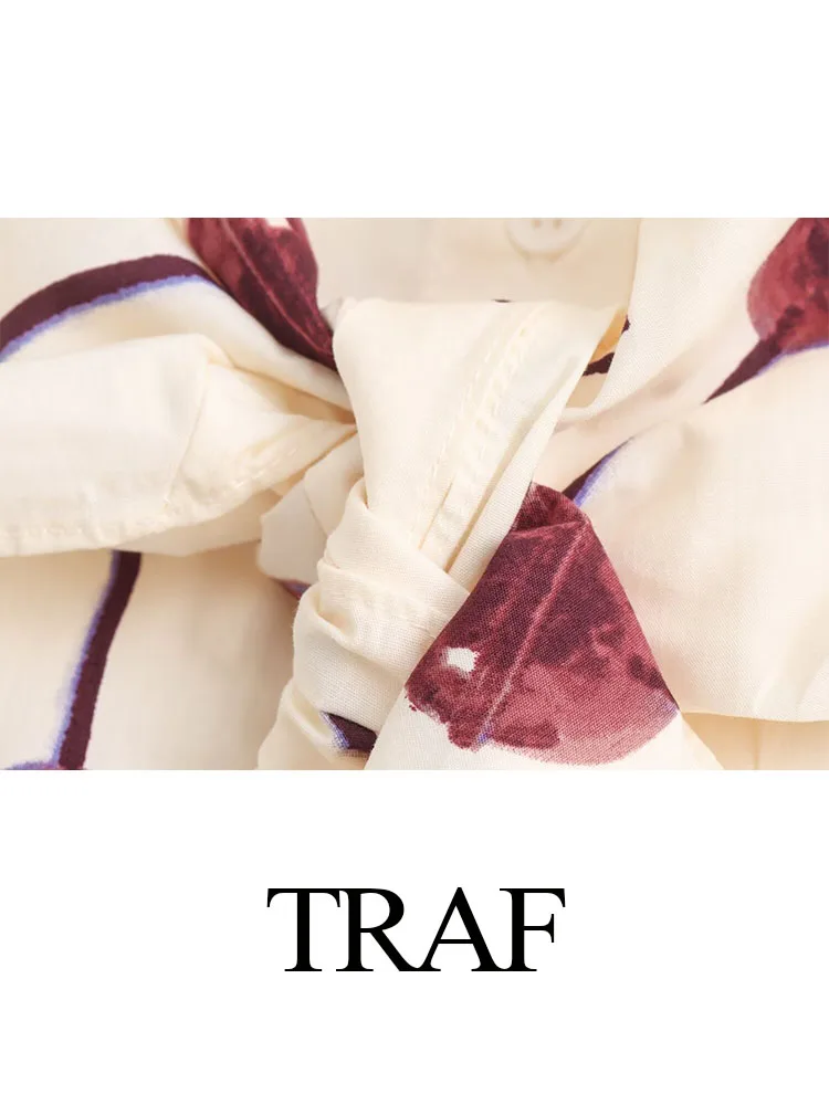 Traf-女性のノースリーブラペルプリントドレス,シングルブレストドレス,シックなレースアップ,ヴィンテージスタイル,シャツドレス,ルーズ,新品,2024