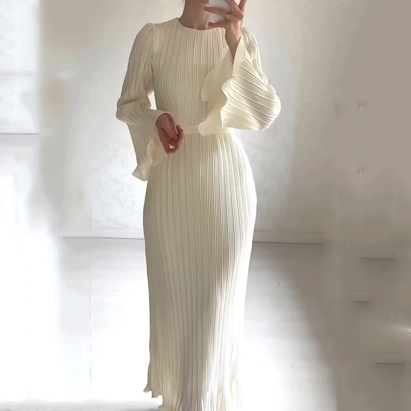 2024 Spring New Party Women Pleated Dress Elegant Women Round Neck Belt Dress Gathered Waist Solid Long Sleeves Long Dresses