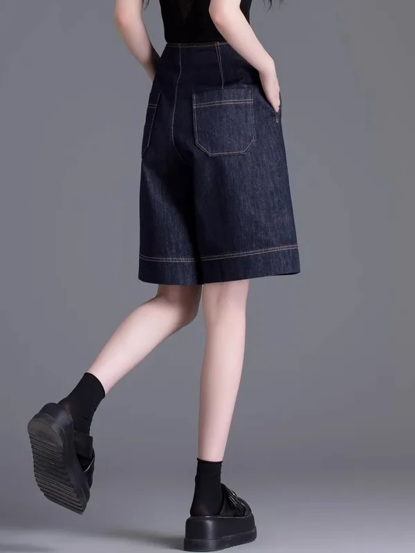 High Waist Denim Blue ort Pants Women's Summer Thin Wide Leg A-Line Slim Loose Straight Five-Quarter Pants Casual Sle