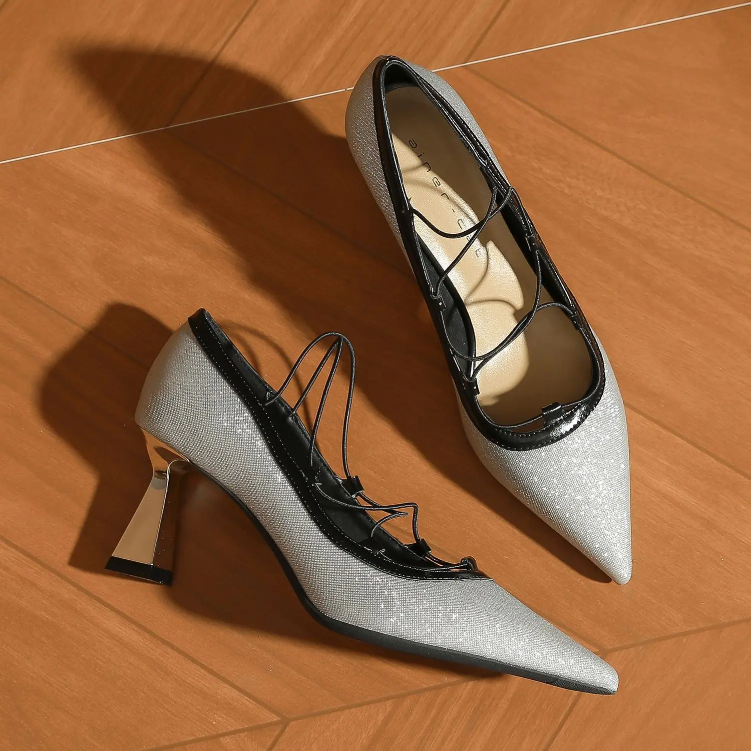 

Bloomsteps [Sheepskin] High Heels for WomenStiletto 2026 Summer New French Style Pointed Toe, Thin Strap, Patchwork Single Shoes