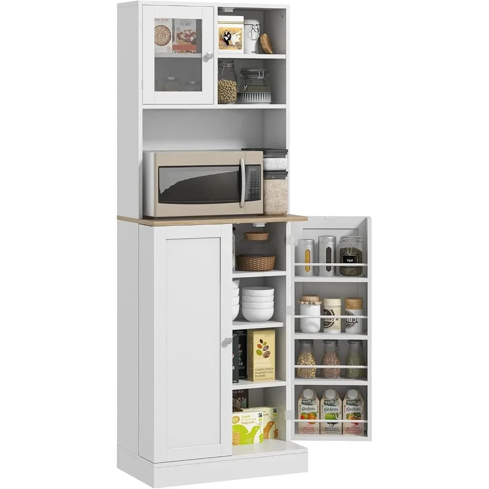 

66.5" Pantry Cabinet with Microwave Stand, Freestanding Kitchen Storage Cabinet with Hutch, 8 Door Shelves, Adjustable Shelves