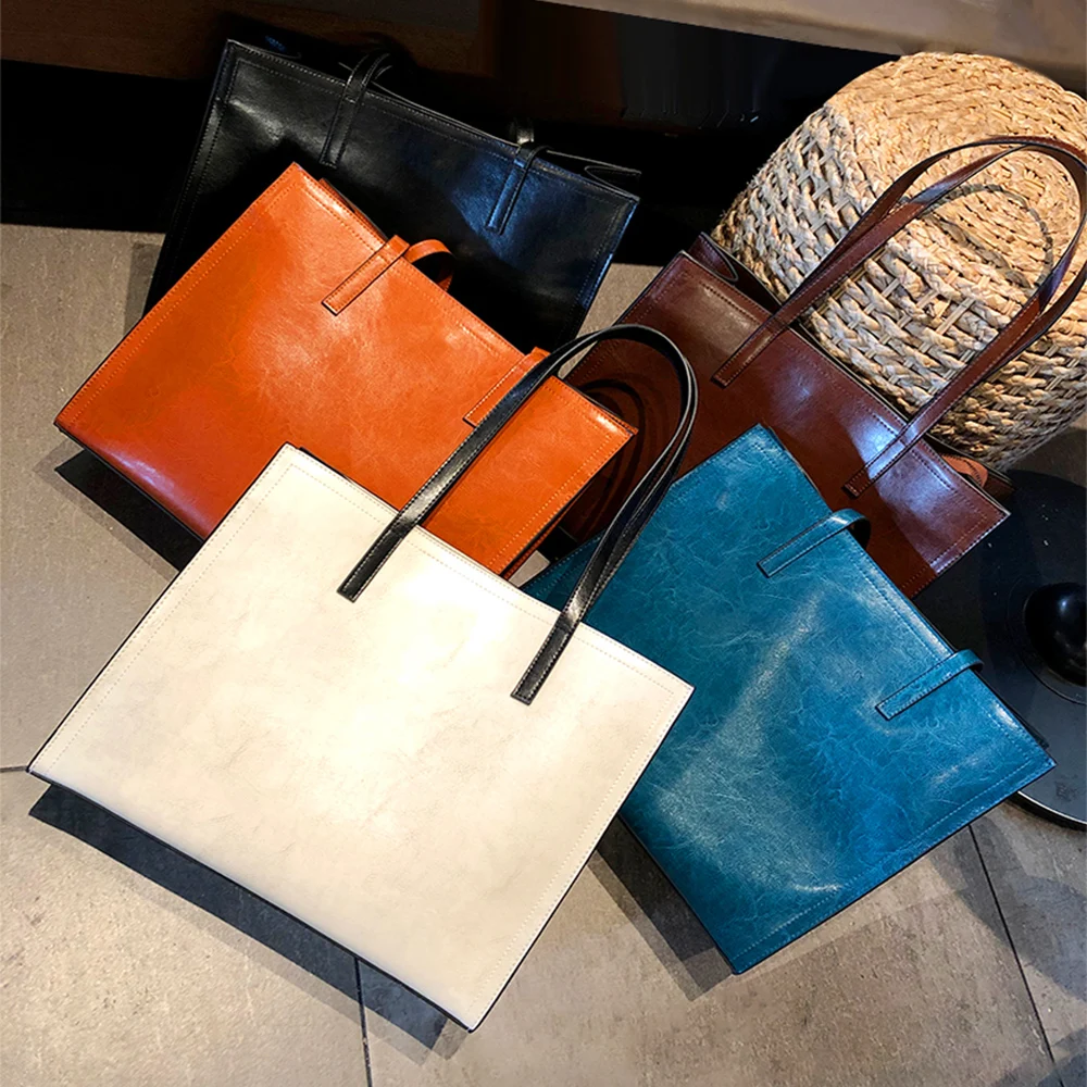 

Retro Oil Waxed Cowhide Leather Women's Handbag Soft Genuine Leather Tote Bag Large Capacity Shopping Bags For Ladies Brand Bag
