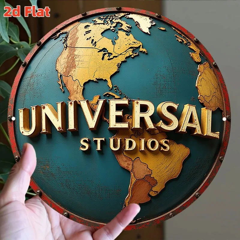 Arte de pared de metal vintage: letrero de estaño de aluminio con logotipo de Studios con diseño de mapa del mundo, decoración interior rústica para el hogar, bar, cafetería, garaje