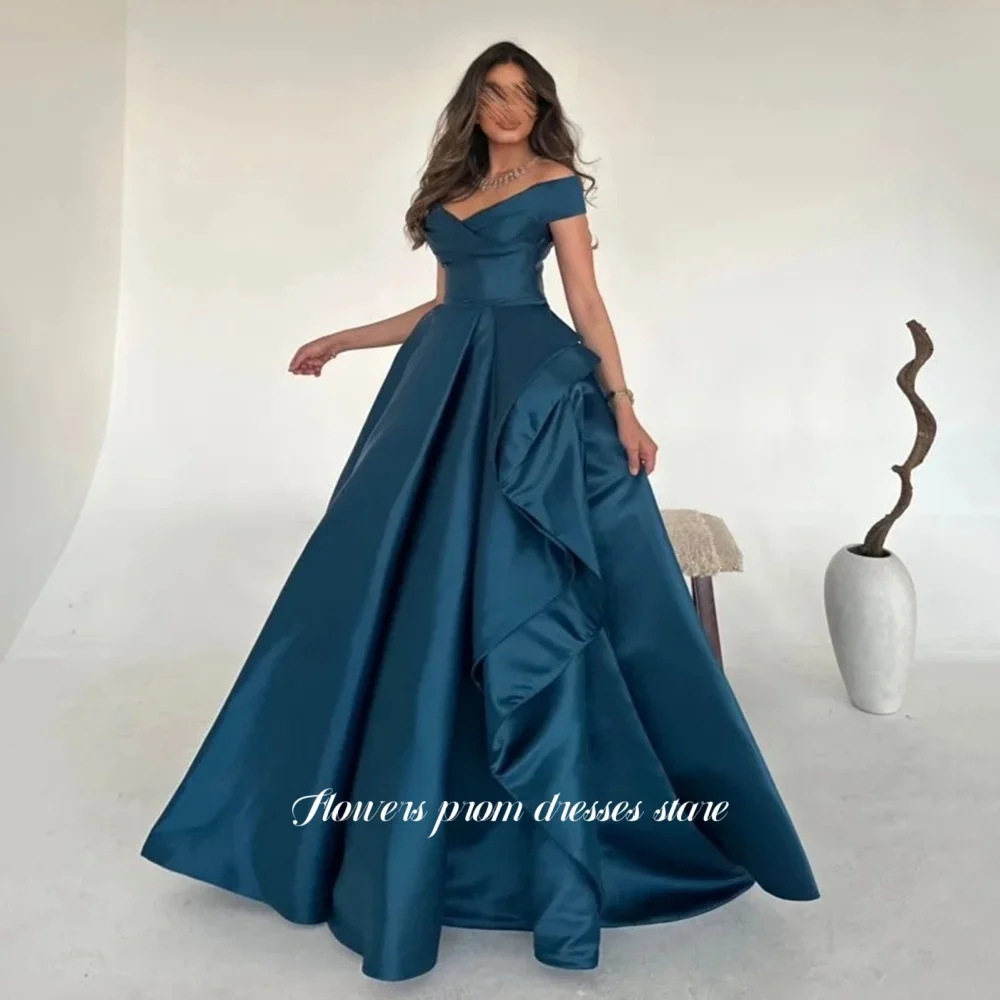 

Flowers Satin Prom Dress A Line Party Dress Pleats Evening Dress Strapless Formal Occasion Dress for Arabic Women Customized