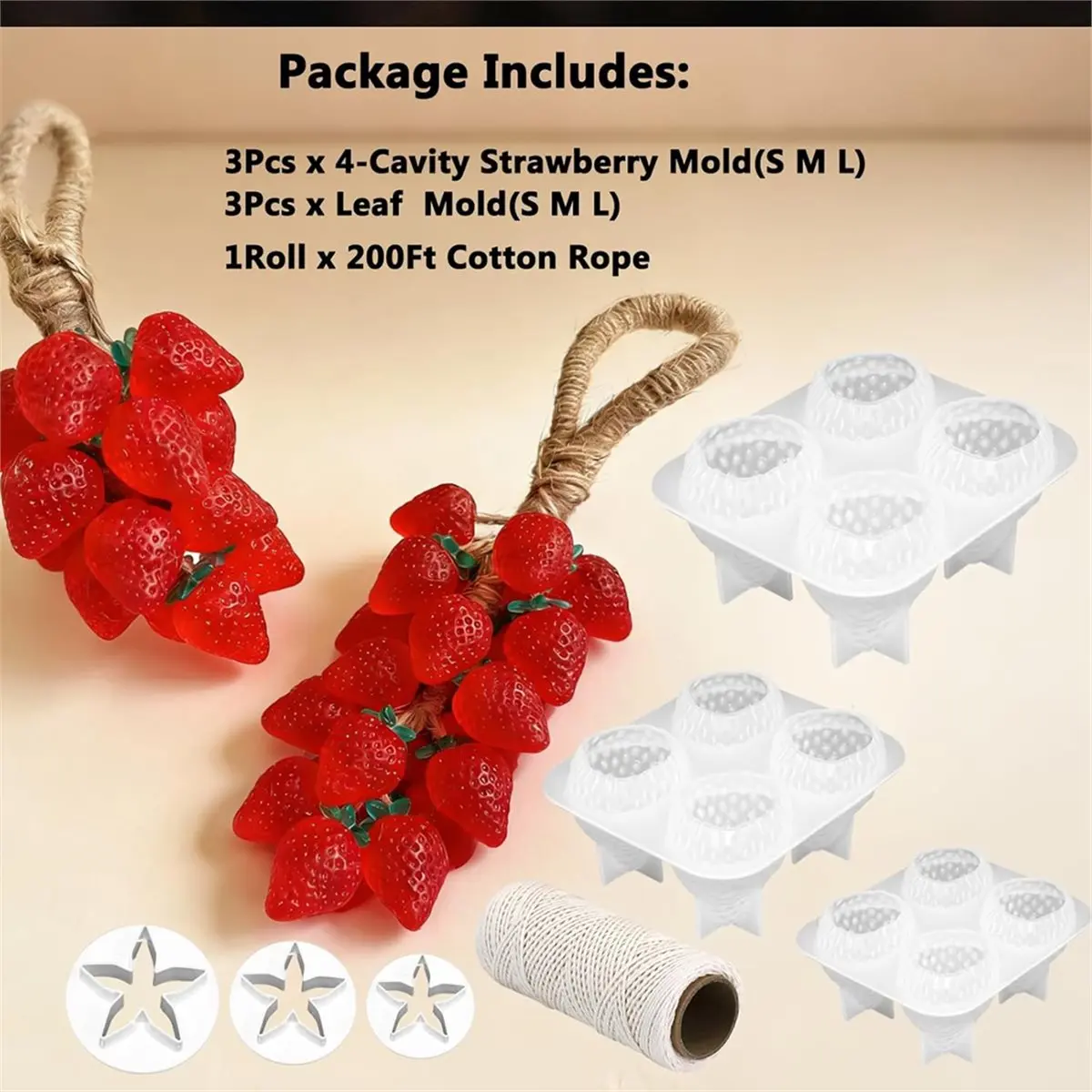 3D Strawberry and Grape Scented Soap Mold, 3-Piece Strawberry Silicone Scented Candle Soap Mold with 3 Leaf Molds