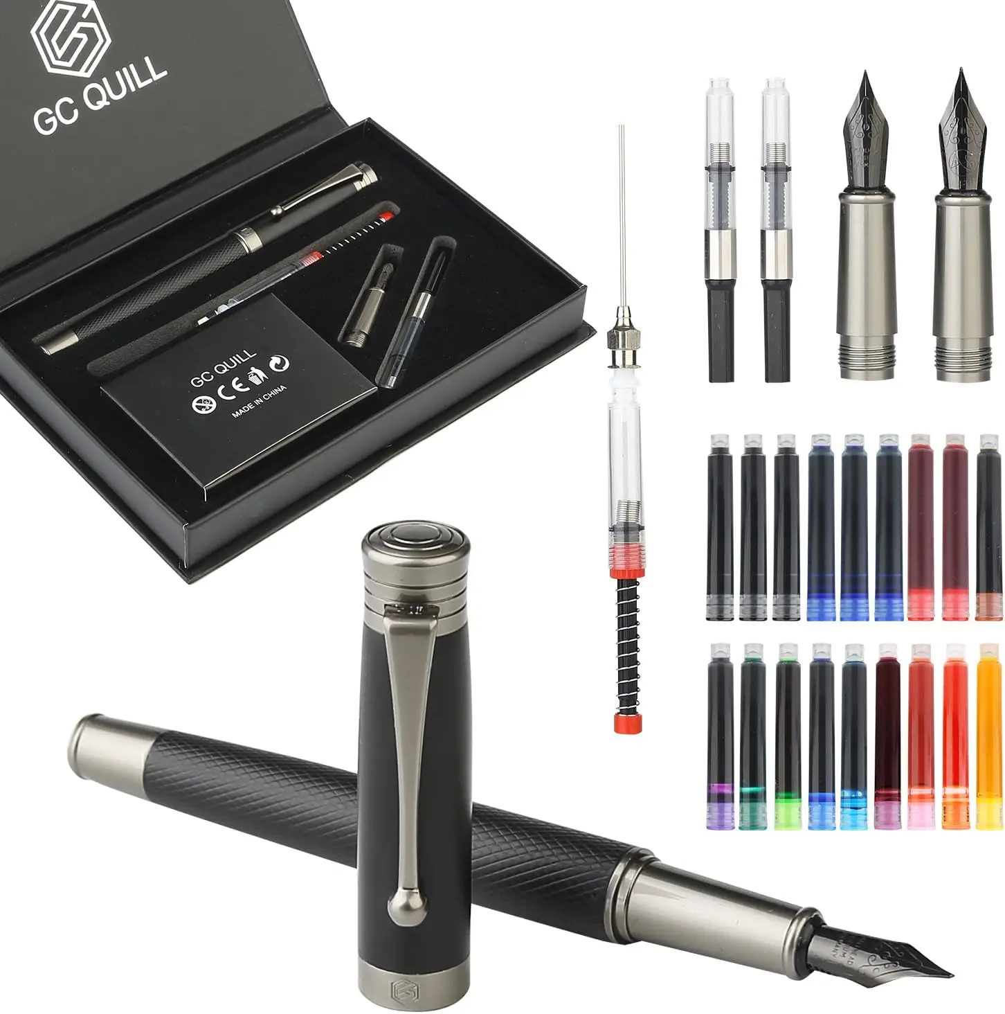 

Fountain Pen Set with Fine & Medium Nibs, Includes Ink Cartridges, Converter & Syringe Filler for Writing and Calligraphy