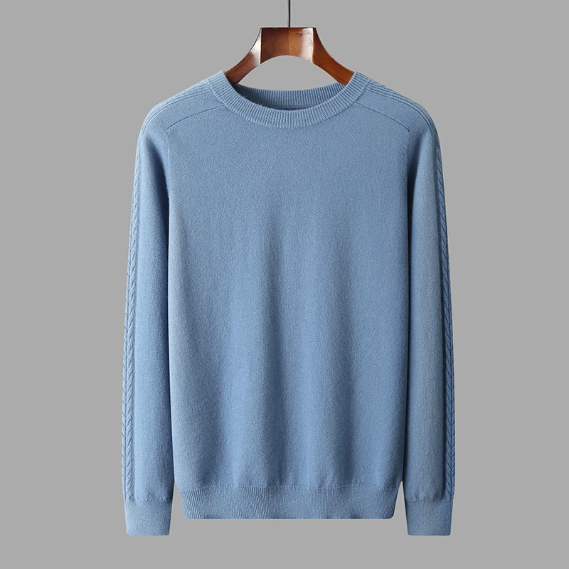 Wheat-sleeve Autumn/winter new 100% Merino wool cashmere sweater men's O-neck pullover warm bottom knit shirt top