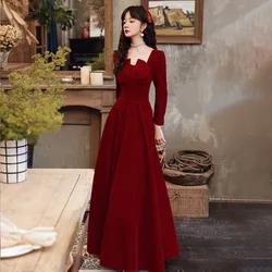 HPSN-6801#Bridesmaid Dress Long Short Burgundy Wedding Toast Bride Marriage Free Shipping Cheap Wholesale On Shoulder Slit Dress