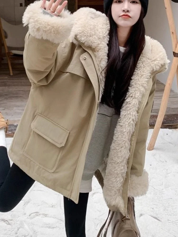 

Women's Thiened Warm Cotton Jaet Autumn Winter New Sle Loose Small Size Lamb Fur Simulation Cotton Coat Trendy Commute