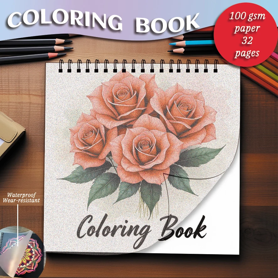 

Coloring Book - 7.87x 7.87 inches 32 pages of beautiful flower coloring book - perfect for soothing, doodling, holiday party fav
