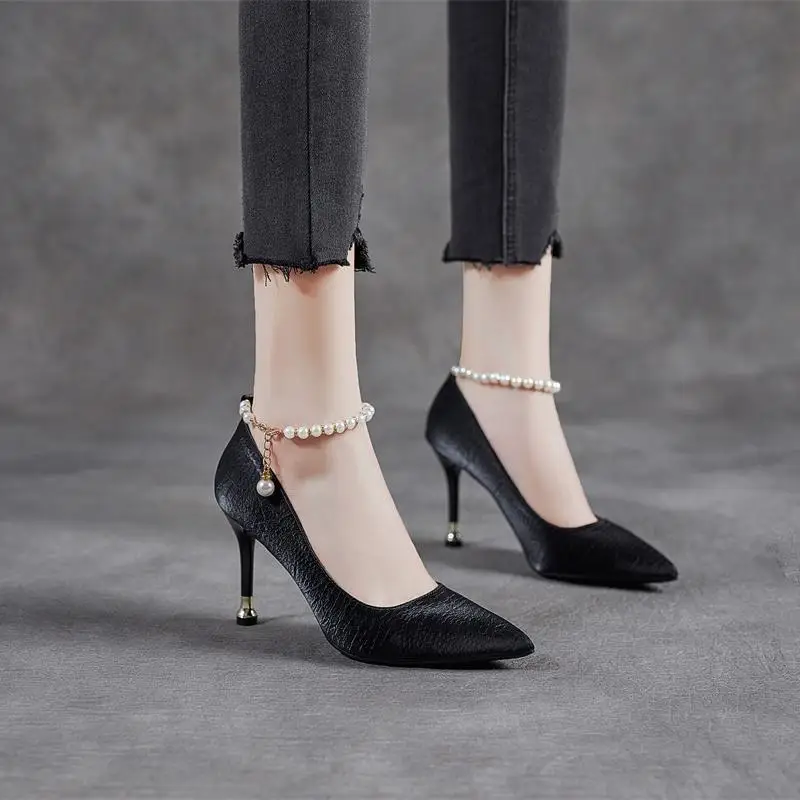 

Туфли-лодочки женские на высоком каблуке, заостренный носок, жемчужная Пряжка, пикантные, однотонные, размеры 30-43