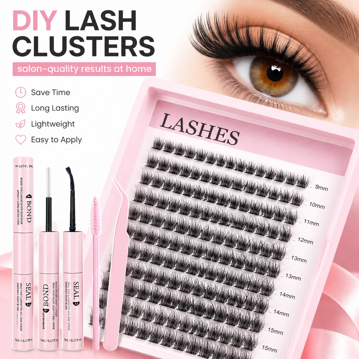 Kit d'extension de cils DIY, ensemble de cils naturels courbés en D, faux cils individuels avec colle et fixateur, dissolvant, pince à épiler