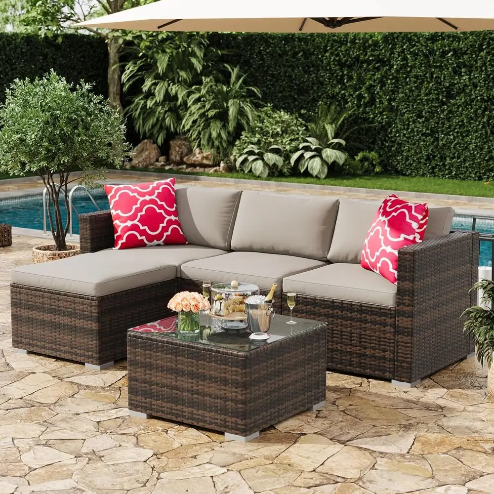 

All-Weather PE Rattan Outdoor Sectional Sofa Set with Ottoman and Tempered Glass Table, Suitable for Garden, Backyard, and Pools