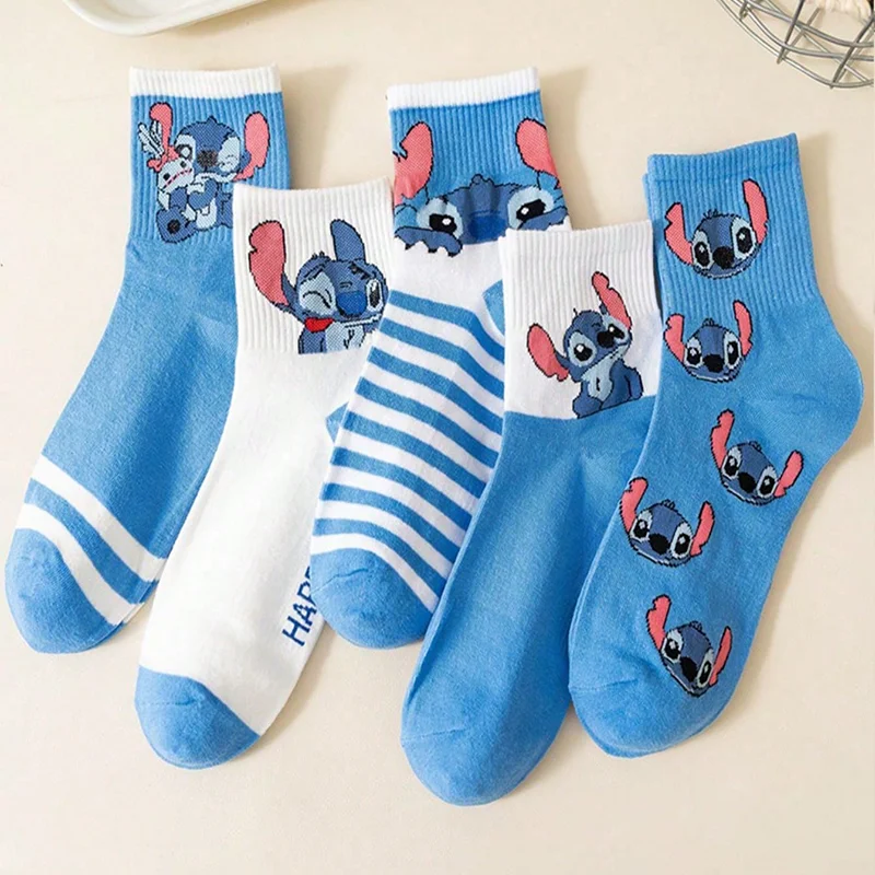 5 Pairs Four Seasons Unisex Color Blocked Striped Fashion Cartoon Pattern Versatile Soft Casual Breathable Mid Tube Socks