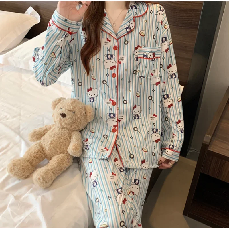 Sweet and cute Hello Kitty pajamas Sanrio cartoon loungewear simple casual women's two-piece set breathable pajamas