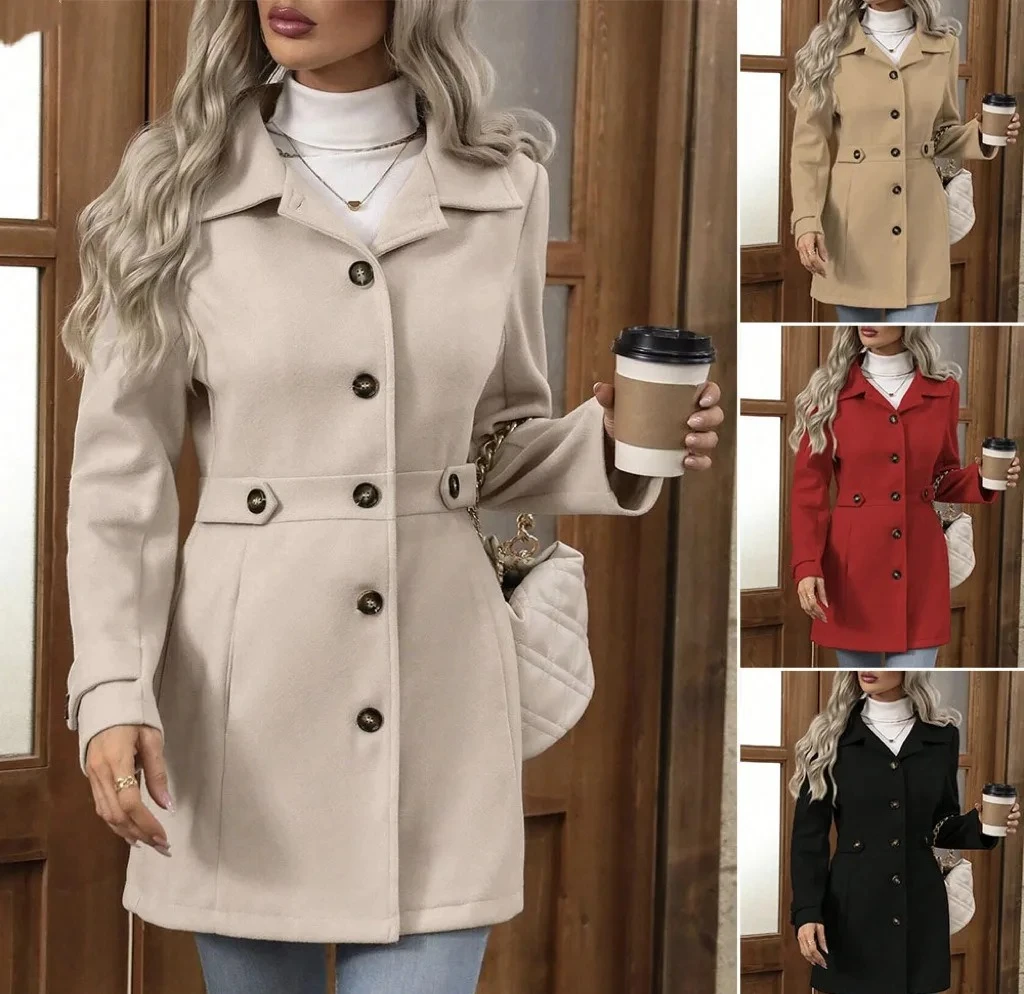 

Autumn/Winter New Cross-Border Women's Fashion Flattering Loose-Fit Notched Lapel Single-Row Multi-Button Mid-Length