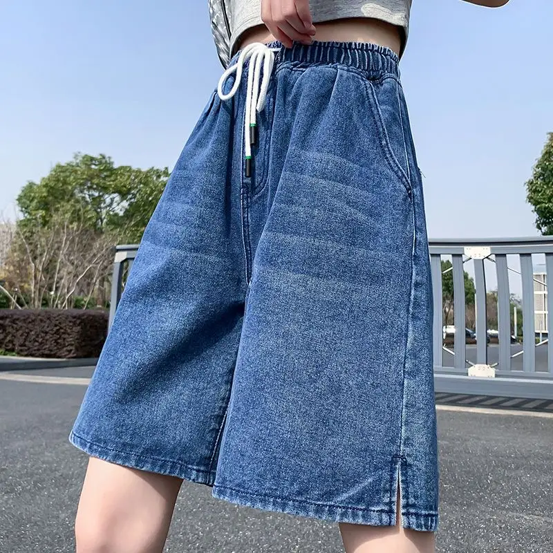 夏の新ストリートジーンズショートパンツ女性ミディハーフレングスデニムショートパンツレディースルーズワイドレッグショートファムパンツ