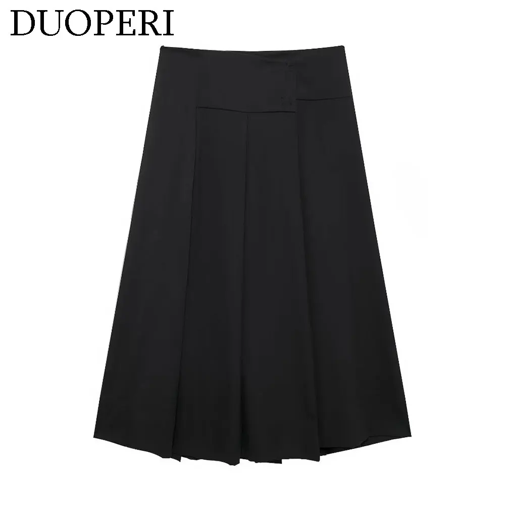 DUOPERI Women Fashion Black Pleated A-Line Midi Skirt High Waist Female Vintage Chic Lady Skirts