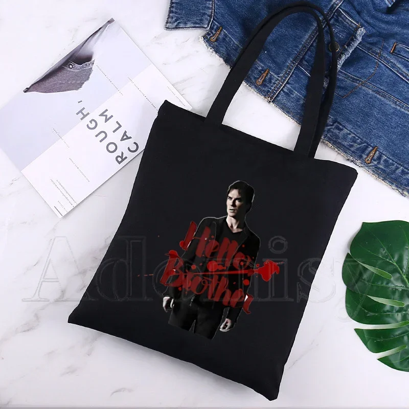 Damon Salvatore The Vampire Diaries Chronicles Vampiricas Canvas Bag Female Large-capacity Eco Environmental Shopper Bag Black