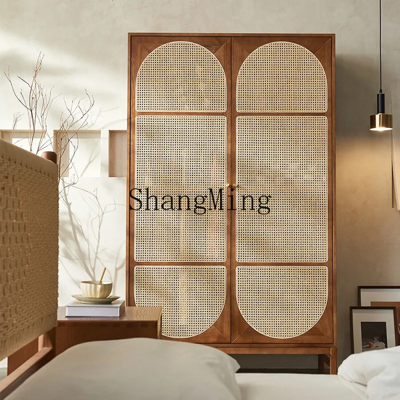 HJ solid wood rattan wardrobe storage wabi style retro double door cabinet B & B hotel rattan art furniture