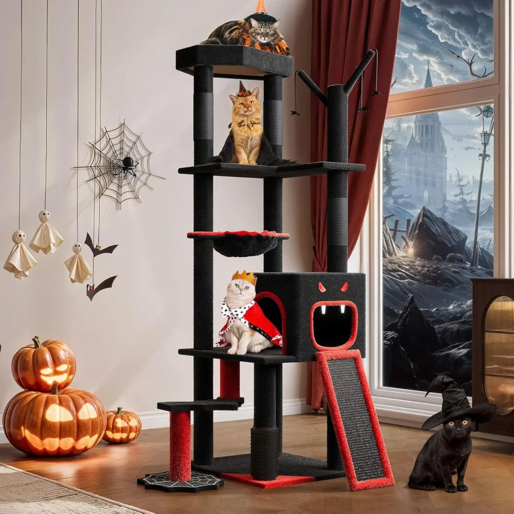

Gothic-Style 60-Inch Tall Cat Tree with Coffin Bed, Top Perch, Spacious Levels, and Spider Toy for Indoor Cats
