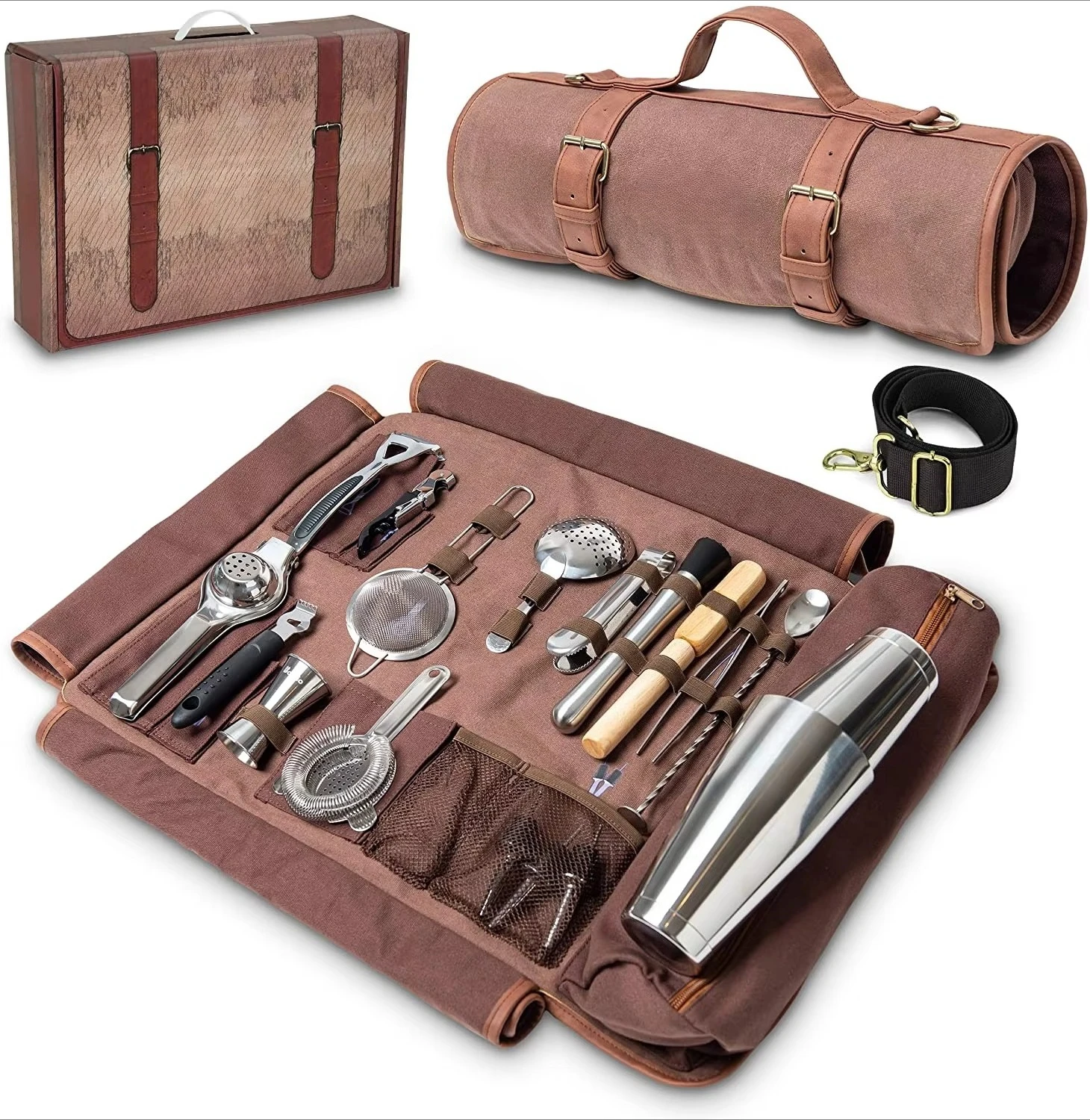 

Crossbody Bartender Kit Case Rolling Tool Bag Mini Bar Tools Professional 17-Piece Cocktail Shaker Making Set Bartender Kit Bag
