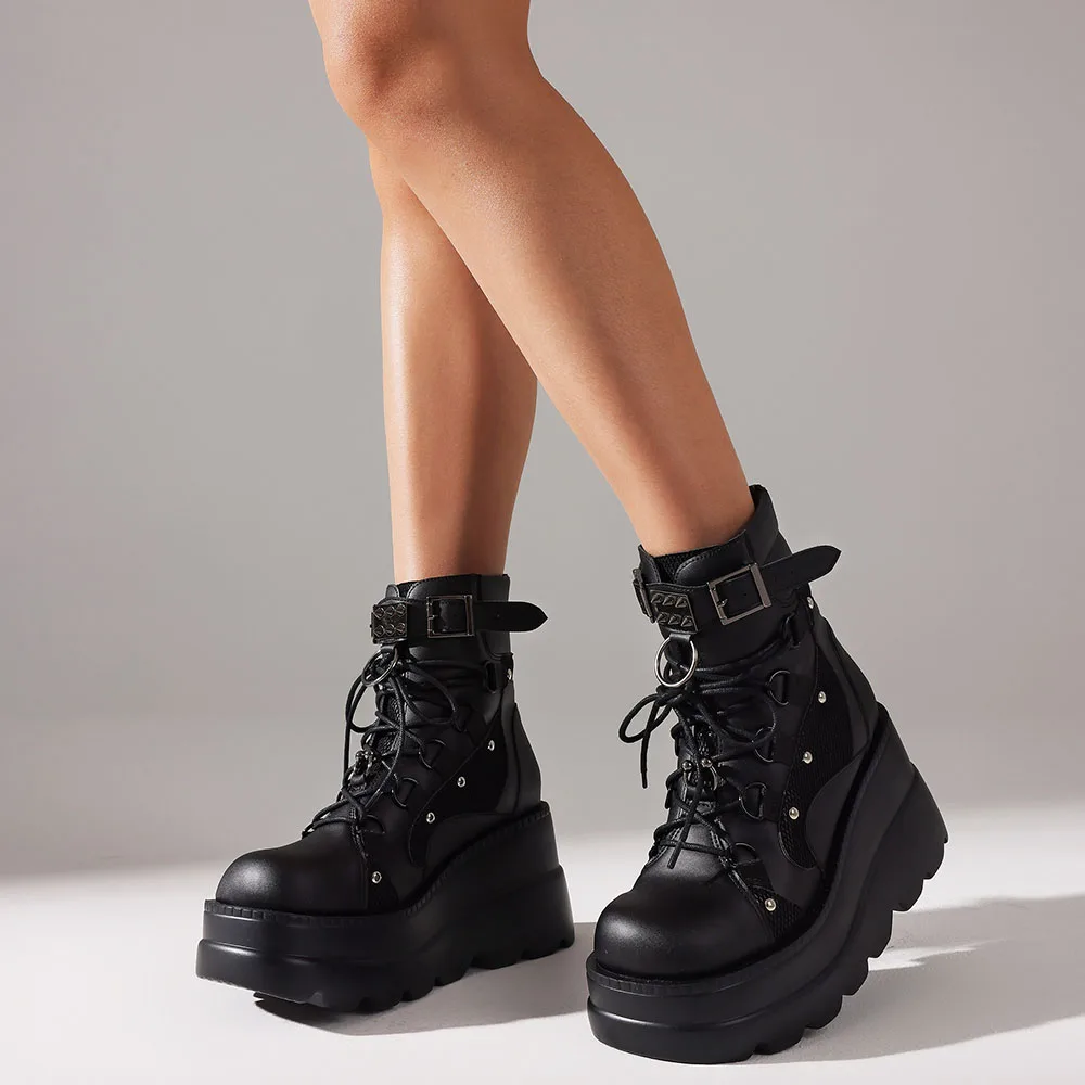 DoraTasia فاسق حذاء من الجلد منصة عودة زيبر مشبك جولة تو الدانتيل متابعة مكتنزة أحذية بكعب عالي مختلط اللون دراجة نارية الأحذية #2