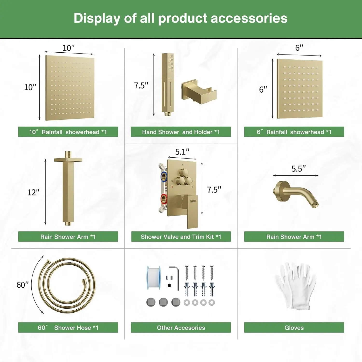 Brushed Gold Shower Faucet Set Push Button Diverter 2-in-1 Handheld Ceiling/Mount Wall 10-Inch 6-Inch Shower Heads Mounted