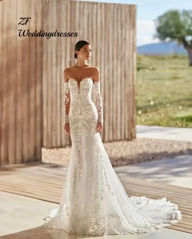Vestidos de novia de sirena con Apliques de encaje elegantes personalizados para novia desmontable mangas largas Vestido de novia