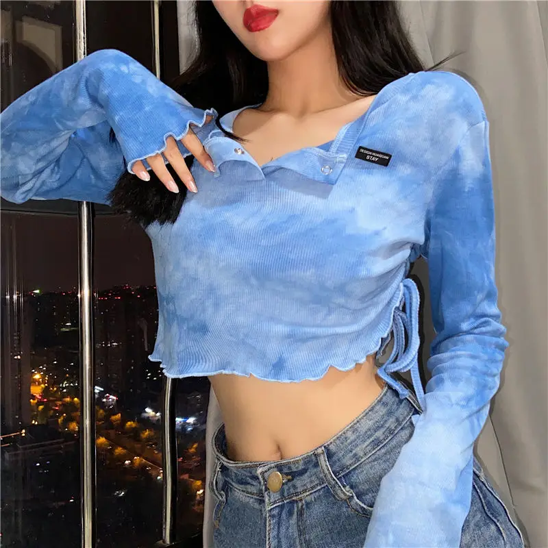 

Spring/Summer New Blue Tie Dyed Long Sleeved T-shirt Women's Round Neck Spicy Girl Tight Design Shorts Top Women's Fashion