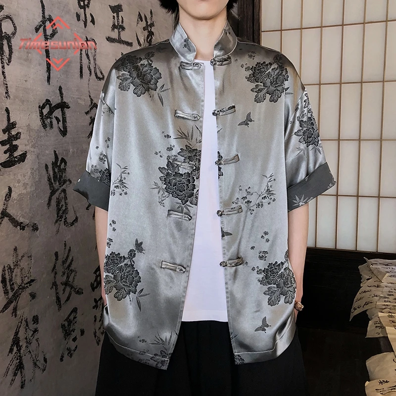 Chinese Retro Style Tang Costume Jacquard Shirts For Men Stand Collar Summer Quality Comfortable Skin-Friendly Classic Tops