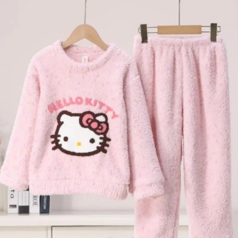 Hello Kitty Sanrio Hot Girl Pajamas Cinnamoroll Kawaii Child Casual Clothing Flannel Suit New for Autumn and Winter Cartoon Gift