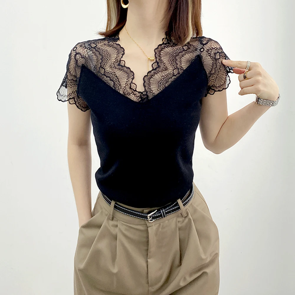

Black Panel Floral Lace Elastic T Shirt Women Collar Short Sleeve Blouse Tops Girl S-3XL Floral Sleeve Shirts Female Blouses