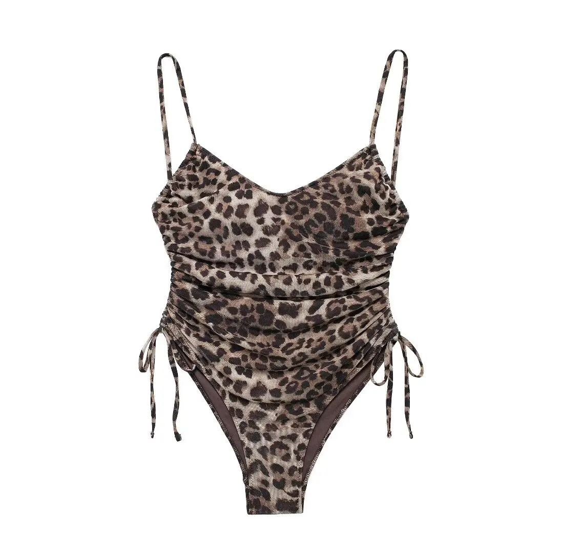 TRAFZA Women's Fashion Sexy Sleeveless Animal Leopard Pattern Printed Tulle Swimsuit Female Elegant 2-Color Suspender Swimsuit