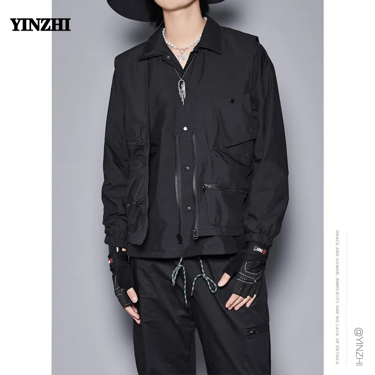 Super Handsome Black Multi-Bag Cargo Jacket Coat Men's Fashion Fake Two-Piece Functional Dark Pilot Autumn Jacket Men